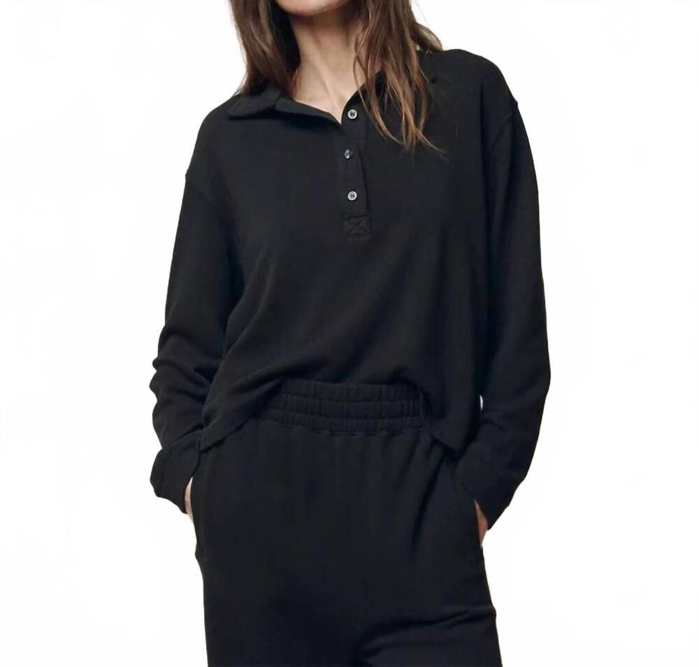 NEW THE GREAT. rugby long sleeve collared sweatshirt in almost black